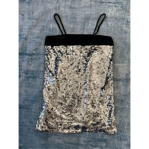 NWT! Open Edit Silver Black Sequin Shift Dress w Velvet Large